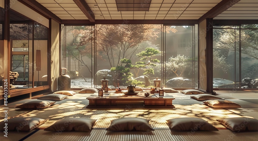 Fototapeta premium Zen and Tranquil Interior Spaces Serene Ambiance and Calm Retreats