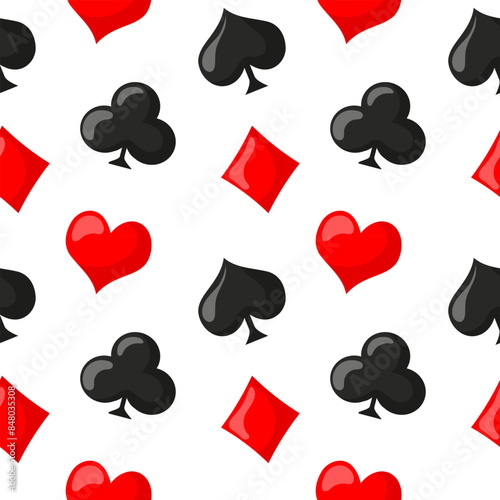 Seamless pattern, icons of suits of clubs, hearts, diamonds and spades on a white background. Casino background