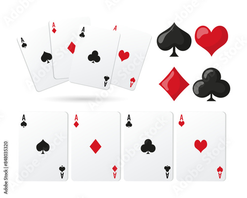 Set of playing cards, aces and suits icons. Illustration, casino background, vectorf playing cards, aces and suits icons. Illustration, casino background