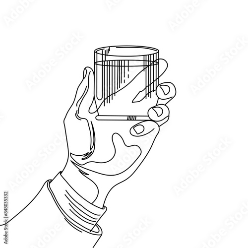 A glass of whiskey in a man's hand. Line art, sketch, vector