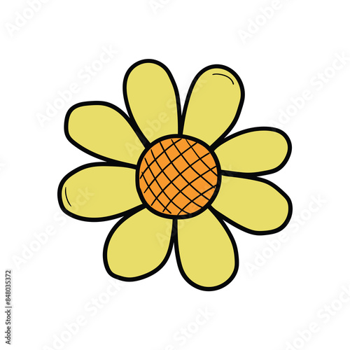 Hand drawn cartoon chamomile flower on white background.