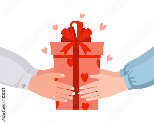 Gift box with hearts in hands. Greeting banner Happy Birthday, Happy Valentine's Day. Vector