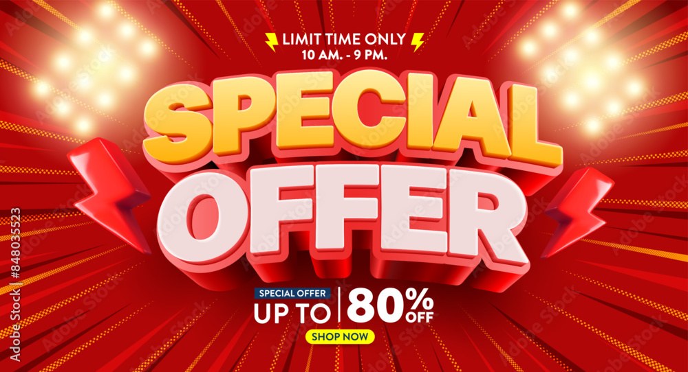 Special Offer Banner Vector Template with Bold 3D Text and Lightning Bolts on a Red Background, Highlighting a Limited Time Sale Event,Perfect for sales banner designs on social media and websites Special Offer Banner Vector Template with Bold 3D Text and Lightning Bolts on a Red Background, Highlighting a Limited Time Sale Event,Perfect for sales banner designs on social media and websites