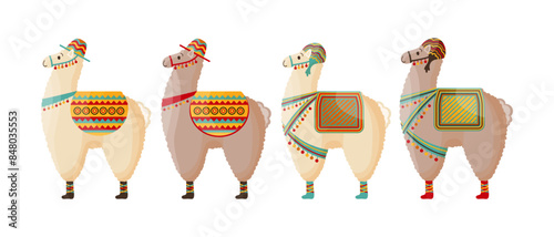 Set of cute llamas in a hat with a saddle, mexican alpaca. Symbol of Mexico and Peru