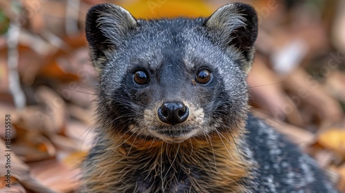 Portrait of wild animal Fossa, Cryptoprocta ferox, resting in dry leaves on the ground, endangered carnivores of Kirindy Forest, Madagascar.   photo