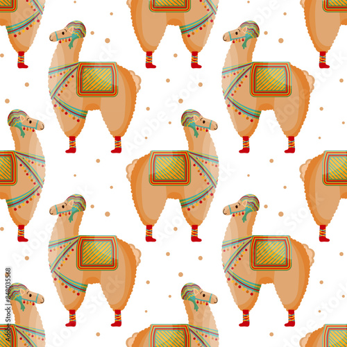 Seamless pattern, cute llamas in a hat with a saddle, mexican alpaca. Background, print, children's textile, vector