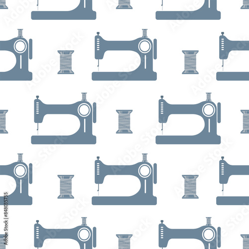 Seamless pattern, sewing machines and sewing spools of thread on a white background. Print, textile, vector