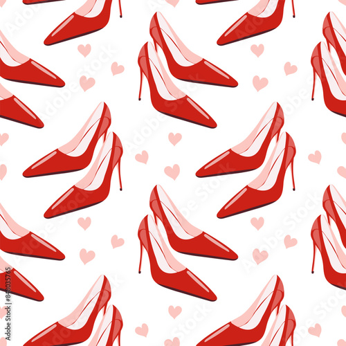 Seamless pattern, red women's glamor shoes on the background of hearts. Background, print, vector