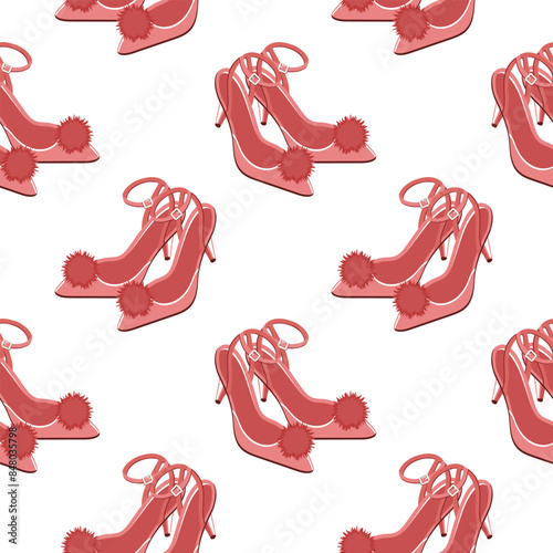 Seamless pattern, red women's glamor shoes on the background of hearts. Background, print, vector