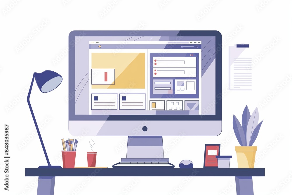 Modern workspace with computer, desk lamp, and office supplies, ideal for home office or remote work setup. Minimalist and organized design. Modern workspace with computer, desk lamp, and office supplies, ideal for home office or remote work setup. Minimalist and organized design.