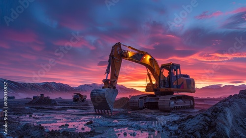 Excavator working at a construction site during sunset