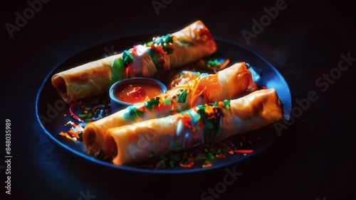There are three egg rolls on a black plate with a red sauce on the side. photo