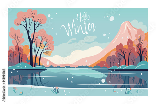 Concept poster winter landscape with snowy hills and calm lake. Landscape flat vector illustration