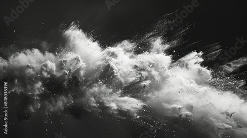 Fototapeta Naklejka Na Ścianę i Meble -  Movement of white explosive dust on a gray-black background