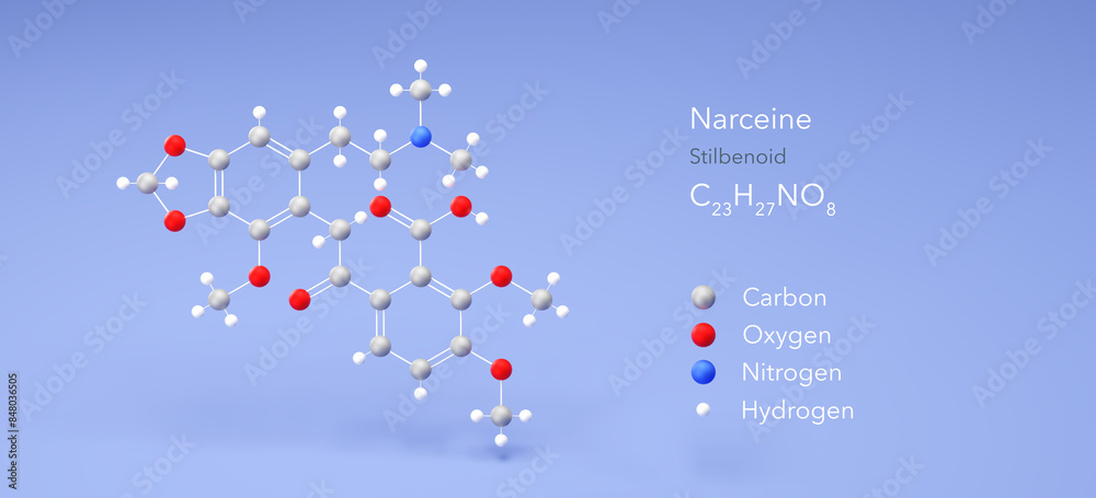 narceine molecule, molecular structure, opium alkaloid, 3d model, Structural Chemical Formula and Atoms with Color Coding narceine molecule, molecular structure, opium alkaloid, 3d model, Structural Chemical Formula and Atoms with Color Coding