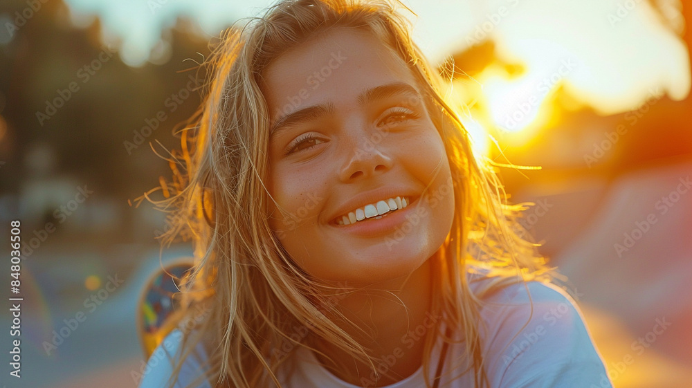 Smiling young skater girl with skate-board sitting in sunset light. Blonde woman using smart watch on red background. Summer outdoor activity, concept of freedom, happiness and healthy lifestyle. Smiling young skater girl with skate-board sitting in sunset light. Blonde woman using smart watch on red background. Summer outdoor activity, concept of freedom, happiness and healthy lifestyle.