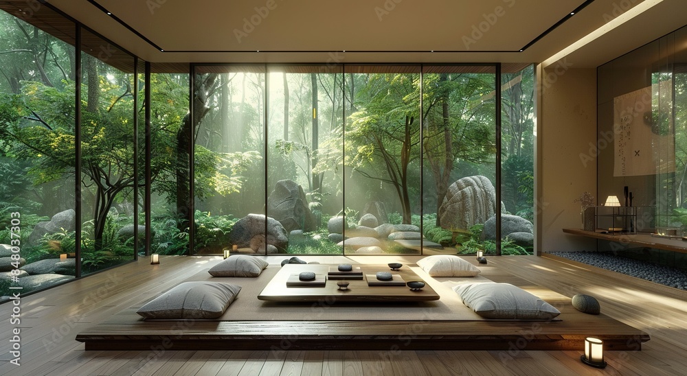 Fototapeta premium Zen and Tranquil Interior Spaces Serene Ambiance and Calm Retreats