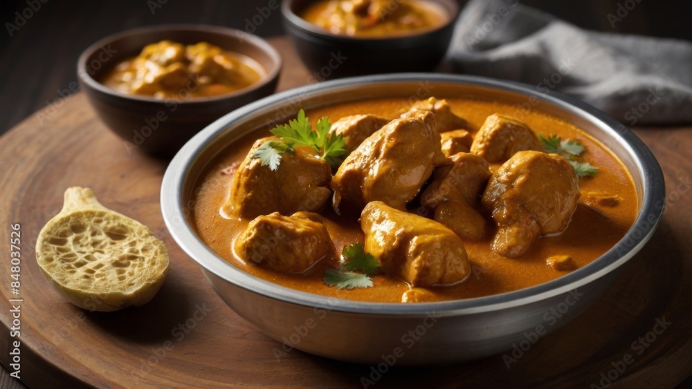 Chicken curry with bread on wooden board Chicken curry with bread on wooden board
