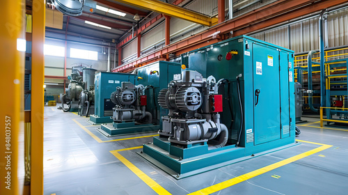 Factory generator room with large powerful industrial generators.