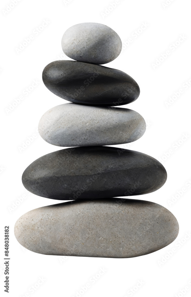 A balanced stack of smooth zen stones in varying shades of grey cut out transparent isolated on white background PNG file A balanced stack of smooth zen stones in varying shades of grey cut out transparent isolated on white background PNG file