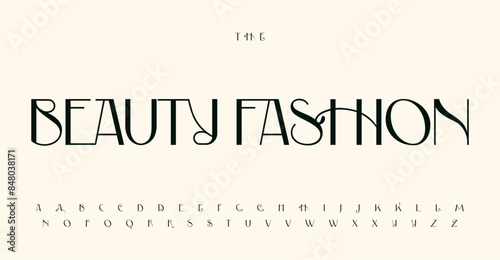 Beauty fashion font, elegant feminine alphabet, naive refined letters with tail for sophisticated headline, wedding card, exquisite logo, restaurant menu lettering, art nouveau style. Vector typeset