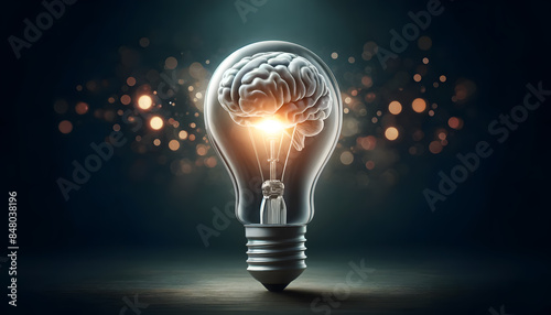 a brain inside, glowing warmly. The dark, slightly blurred background with bokeh lights highlights the light bulb, creating a minimalistic yet striking visual. 