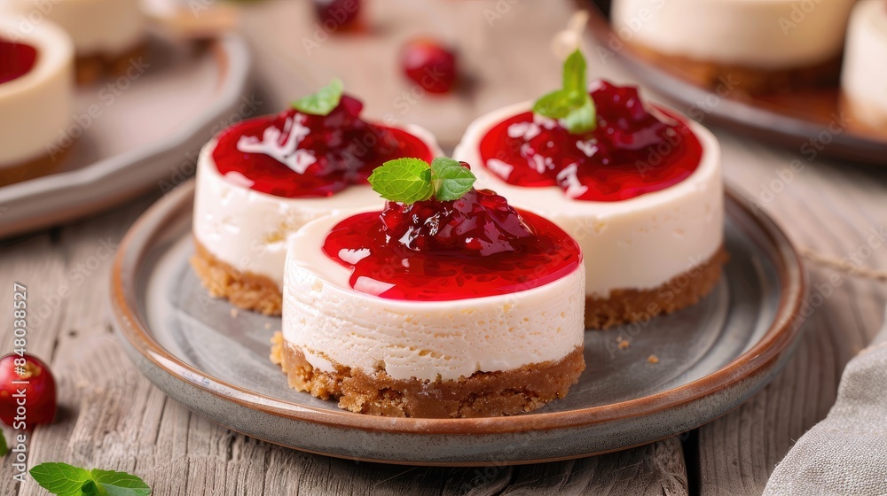 Healthy cheesecakes with a topping of sour cream and jam Emphasizing a weight loss diet idea High definition Healthy cheesecakes with a topping of sour cream and jam Emphasizing a weight loss diet idea High definition