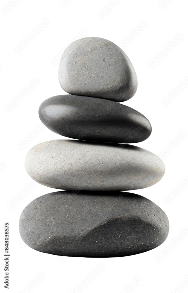 A balanced stack of smooth zen stones in varying shades of grey cut out transparent isolated on white background PNG file A balanced stack of smooth zen stones in varying shades of grey cut out transparent isolated on white background PNG file
