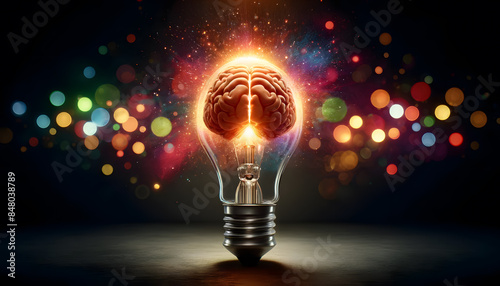 a brain inside, glowing warmly. The dark, slightly blurred background with bokeh lights highlights the light bulb, creating a minimalistic yet striking visual. 
