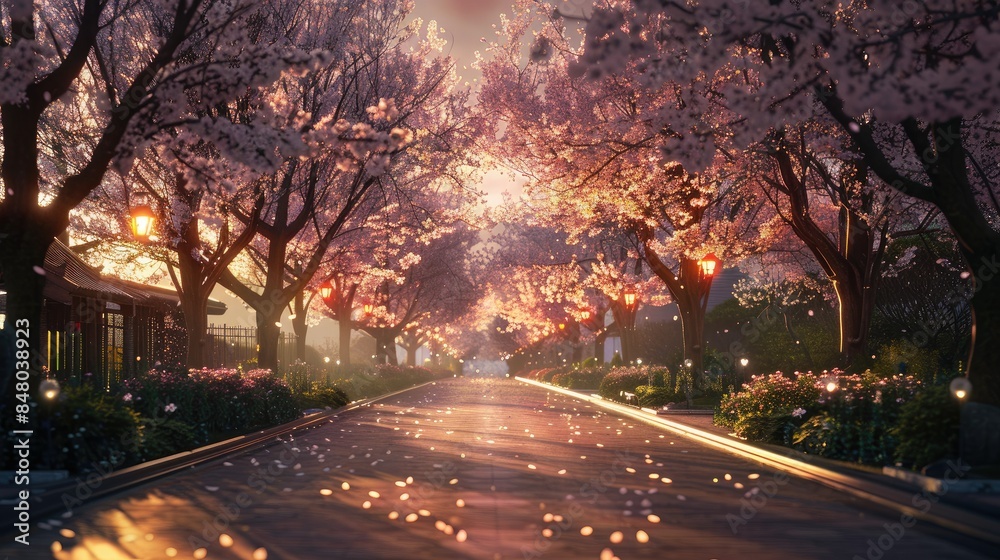 Avenue lined with cherry blossom trees and gentle evening lighting