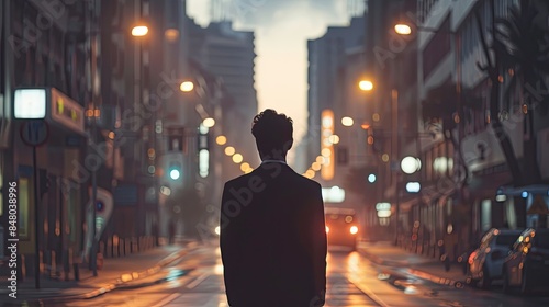 Back view of a businessman standing alone on a quiet street at twilight © chanidapa