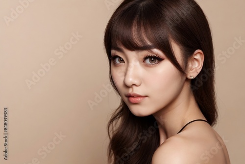 A young Korean woman with a perfect makeup style isolated beige background with copy space.