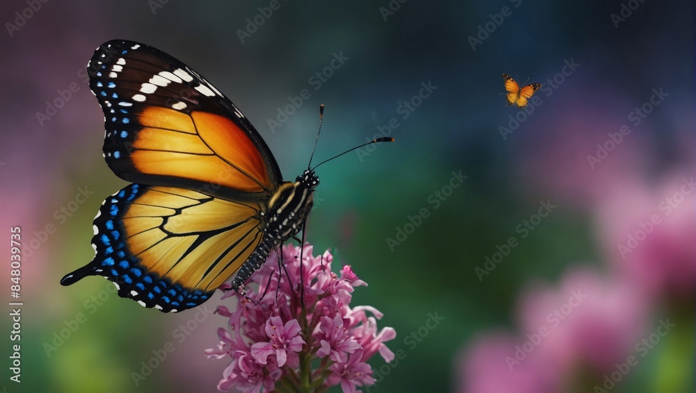 Fototapeta premium Butterfly on Pink Flower with Smaller Butterfly in Background