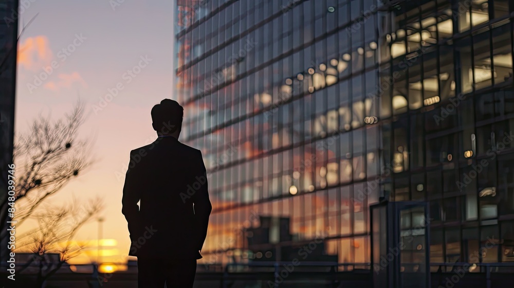 Business silhouette against a backdrop of a modern office building at dusk Business silhouette against a backdrop of a modern office building at dusk