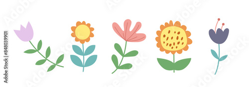Abstract Flowers Set. Children's Artworks. Colored Flat Vector Illustrations.