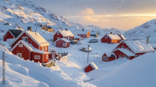 Scenic snowy village with red houses and mountain background photo