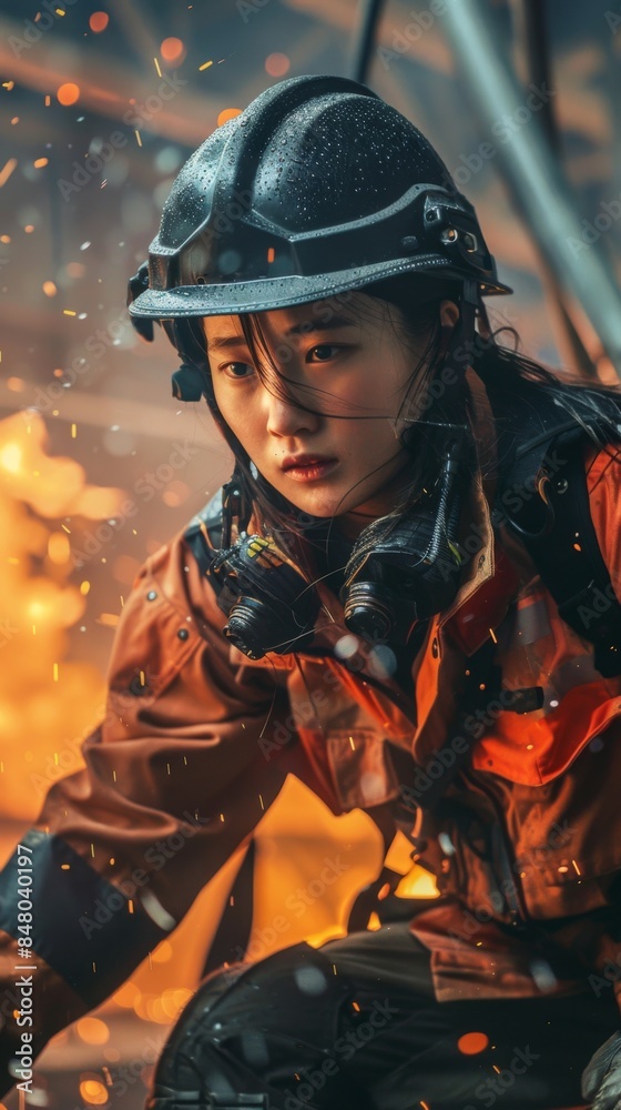 Firefighter with helmet and respirator in a fiery scene Firefighter with helmet and respirator in a fiery scene