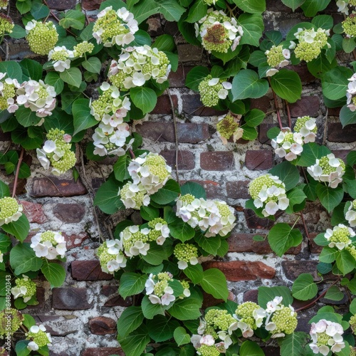 Brick wall with climbing hydrangea photo