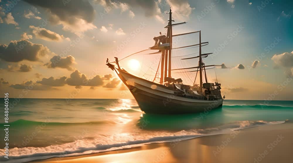 A pirate ship was sailing on the clear blue sea, with lush palm trees and white sandy beaches in front. pirate ship in the beach. seamless looping time-lapse virtual video Animation Background. A pirate ship was sailing on the clear blue sea, with lush palm trees and white sandy beaches in front. pirate ship in the beach. seamless looping time-lapse virtual video Animation Background.