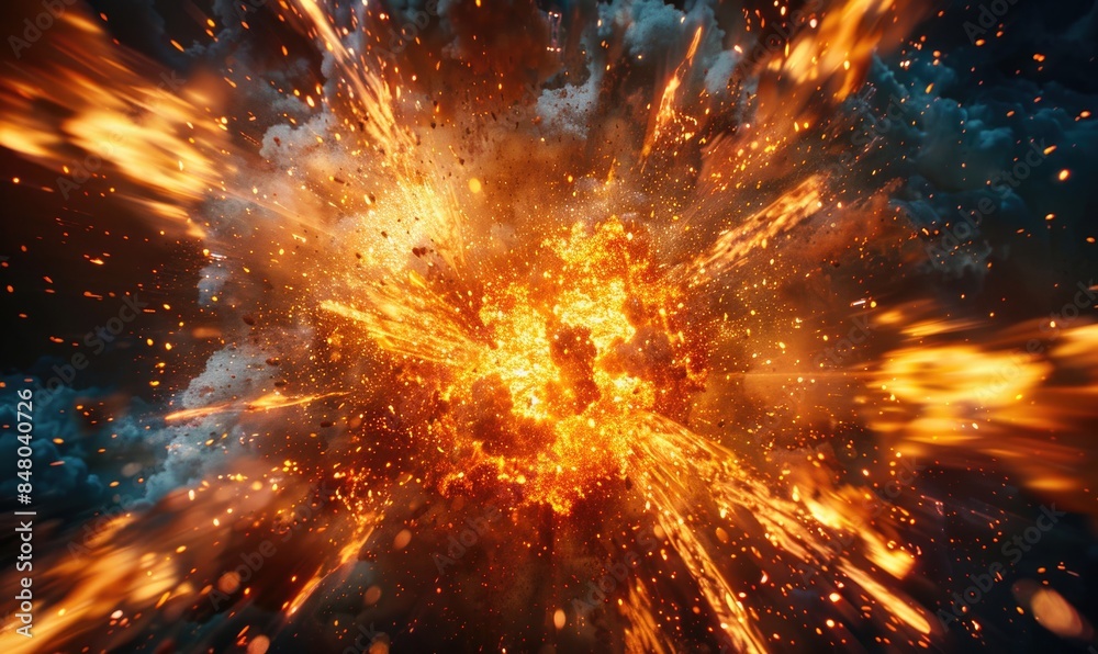 Close-up image of a controlled explosion with flames bursting against a dark background Close-up image of a controlled explosion with flames bursting against a dark background