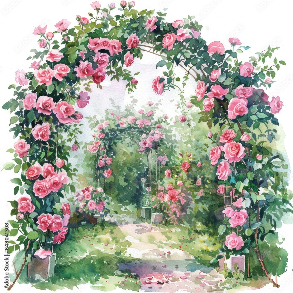Hand Drawn Watercolor Roses Arch in Garden Setting Hand Drawn Watercolor Roses Arch in Garden Setting