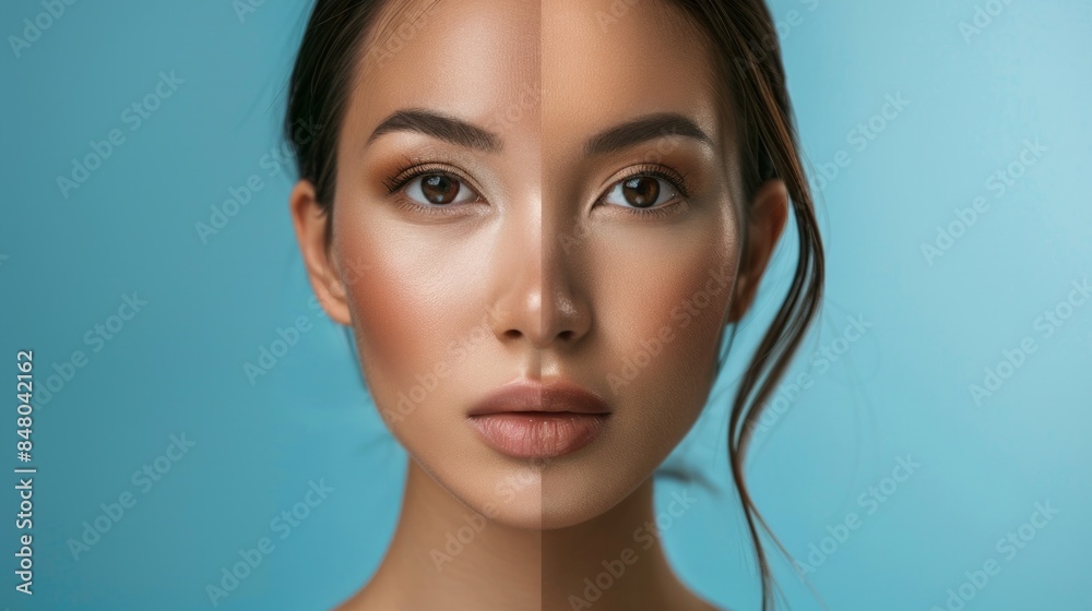 A woman's face showcasing a split comparison of skincare effects, highlighting before and after results. Ideal for beauty and skincare promotions A woman's face showcasing a split comparison of skincare effects, highlighting before and after results. Ideal for beauty and skincare promotions