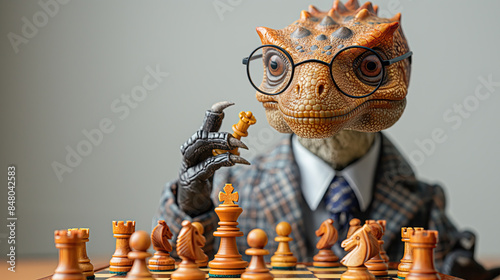 Portrait of the little cute dinosaur wearing transparent glasses and plaid suit holding a chess figure above the chessboard, business strategy concept photo