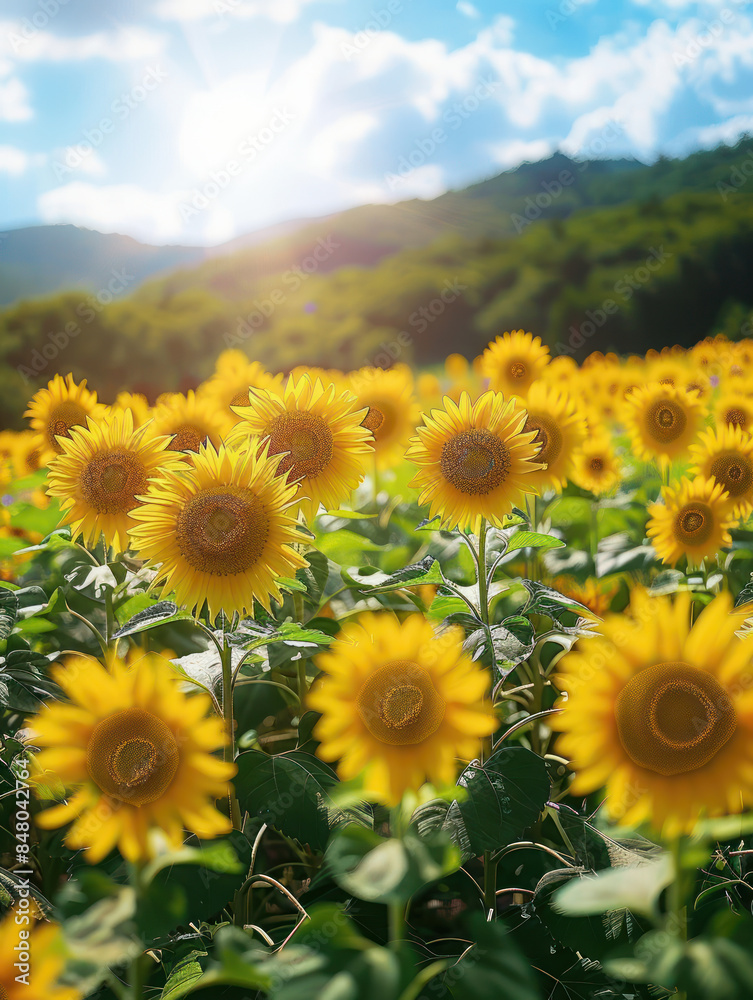 Fototapeta premium Beautiful Field of Sunflowers in Full Bloom Under a Bright, Sunny Sky with Lush Green Hills in the Background and Clouds Gently Floating by