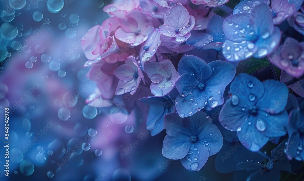 Hydrangeas under the rain closeup