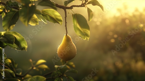 a lush orchard bathed in the soft, diffused light of dawn, where a solitary pear hangs from a branch, ripe and inviting. photo