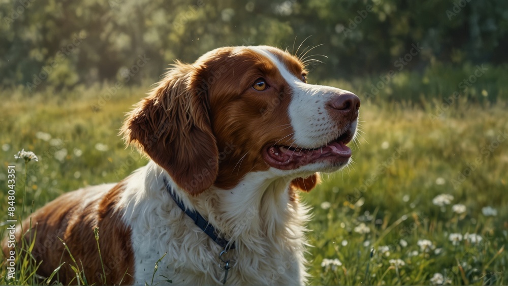 Dog sitting in a grassy field