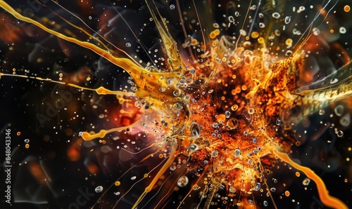 Macro photograph capturing the intricate details of flames and sparks in an explosion against a black backdrop