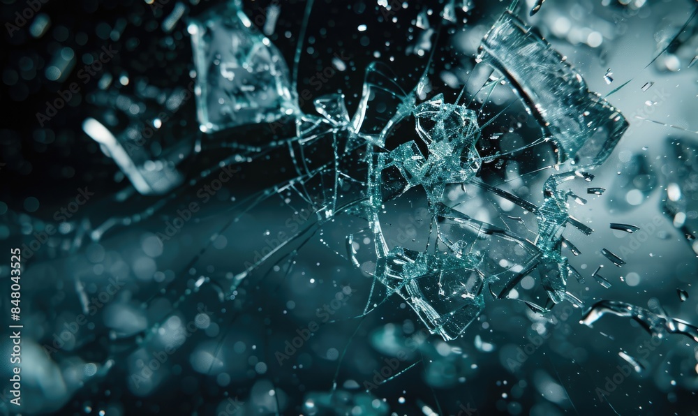 Macro shot of glass breaking, splinters spreading, intricate details Macro shot of glass breaking, splinters spreading, intricate details