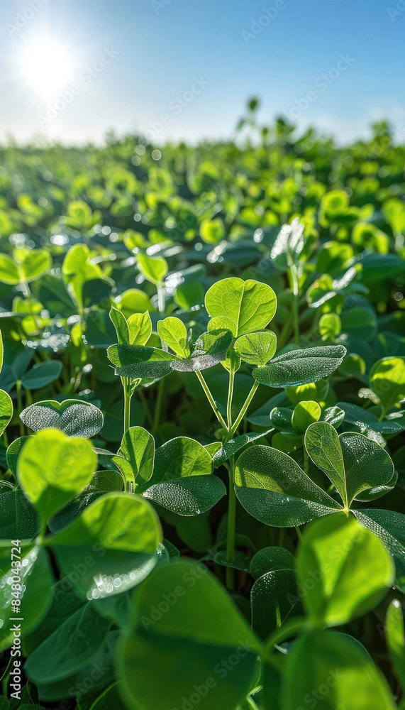 Lush Green Clover Field under Bright Sunlight Serene Nature Landscape with Sunrays and Dew kissed Foliage for Tranquility and Relaxation Lush Green Clover Field under Bright Sunlight Serene Nature Landscape with Sunrays and Dew kissed Foliage for Tranquility and Relaxation